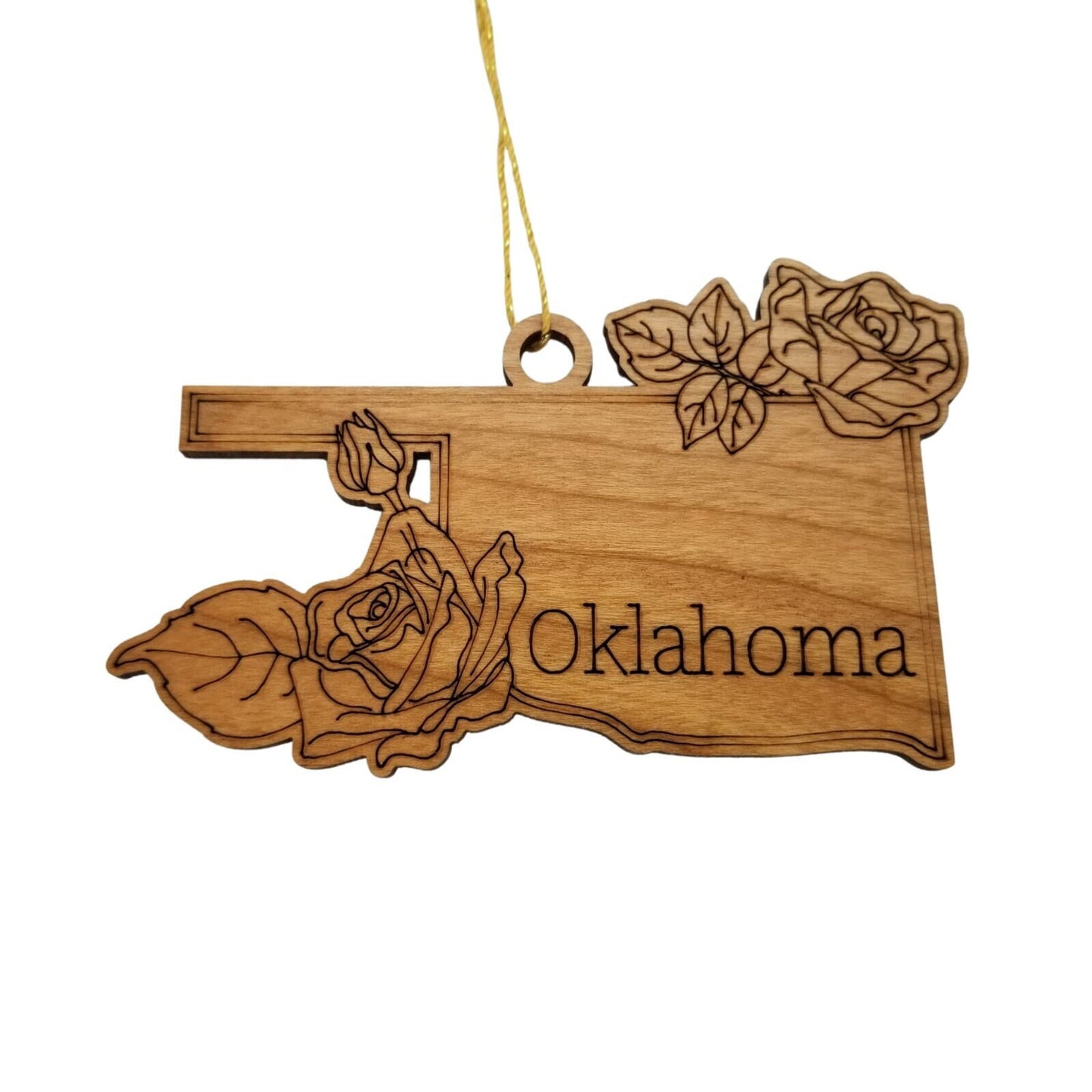 Wholesale Oklahoma Wood Ornament -  OK State Shape with State Flowers Oklahoma Rose - Handmade Wood Souvenir