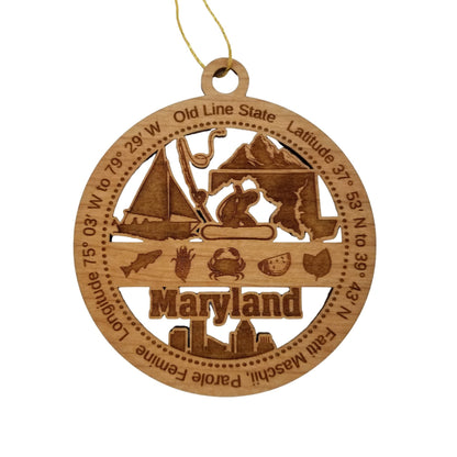 Maryland Wood Ornament - MD Souvenir - Handmade Wood Ornament Made in USA State Shape Sailboat Fishing Pole Snowboarder Crab Mountains