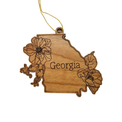 Wholesale Georgia Wood Ornament -  GA State Shape with State Flowers Cherokee Rose - Handmade Wood Souvenir