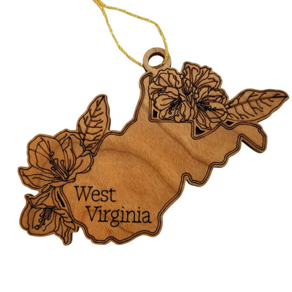 Wholesale West Virginia Wood Ornament -  WV State Shape with State Flowers Rhododendron - Handmade Wood Souvenir