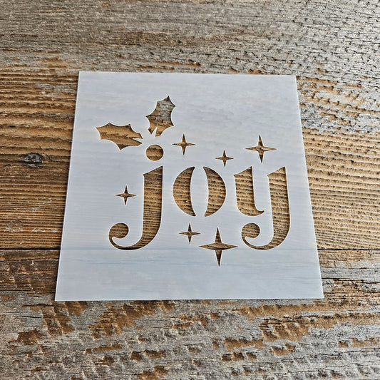 Joy Stencil Reusable Cookie Decorating Craft Painting Windows Signs Mylar Many Sizes Christmas Winter Lower Case with Stars and Holly Leaves