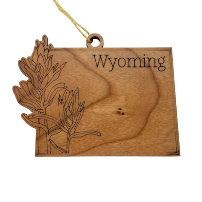 Wholesale Wyoming Wood Ornament -  WY State Shape with State Flowers Indian Paintbrush - Handmade Wood Souvenir