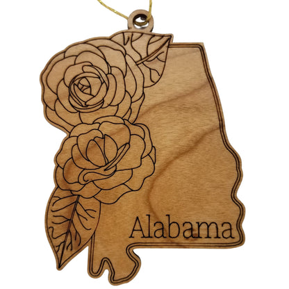 Wholesale Alabama Wood Ornament -  AL State Shape with State Flowers Camellias - Handmade Wood Souvenir