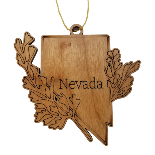 Wholesale Nevada Wood Ornament -  NV State Shape with State Flowers Big Sagebrush - Handmade Wood Souvenir