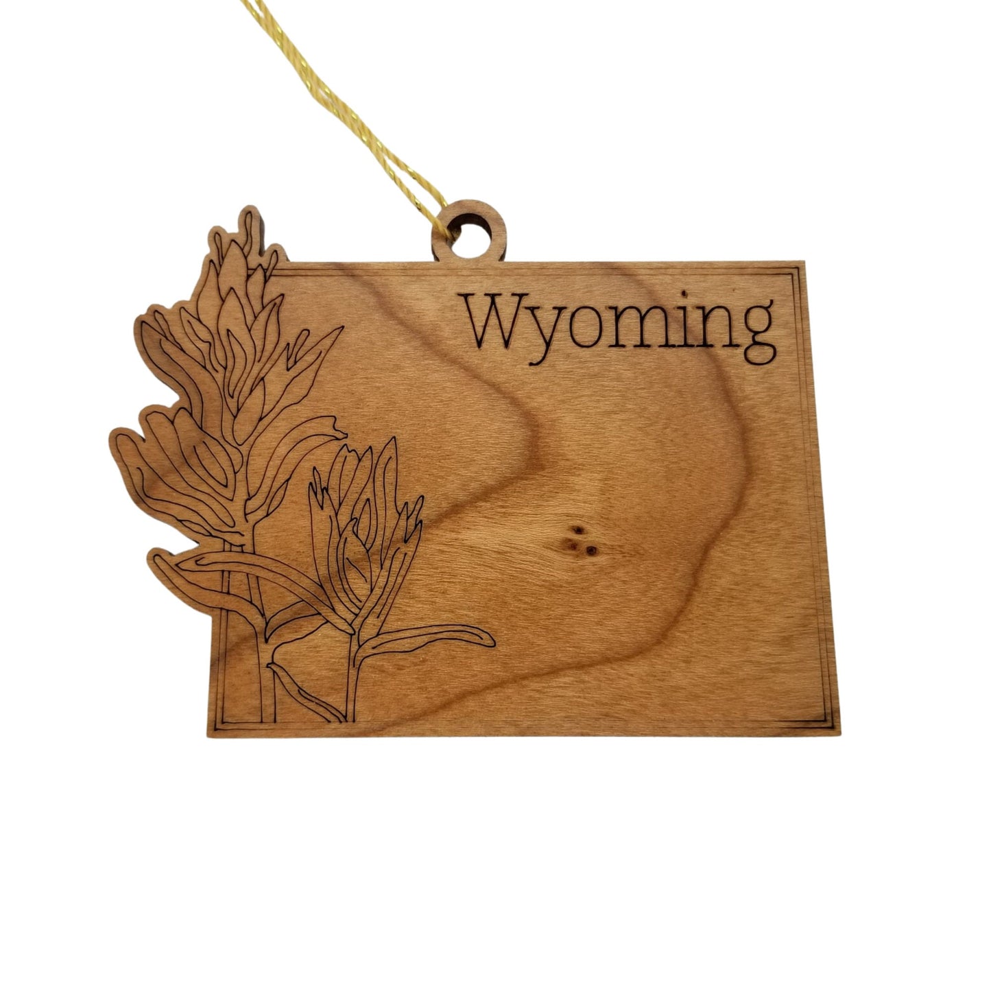 Wyoming Wood Ornament -  WY State Shape with State Flowers Indian Paintbrush - Handmade Wood Ornament Made in USA Christmas Decor