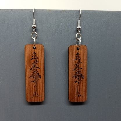 Wholesale Redwood Earrings - Engraved Tree Rectangle Wood Earrings - California Redwood Dangle Earrings - CA Souvenir Keepsake