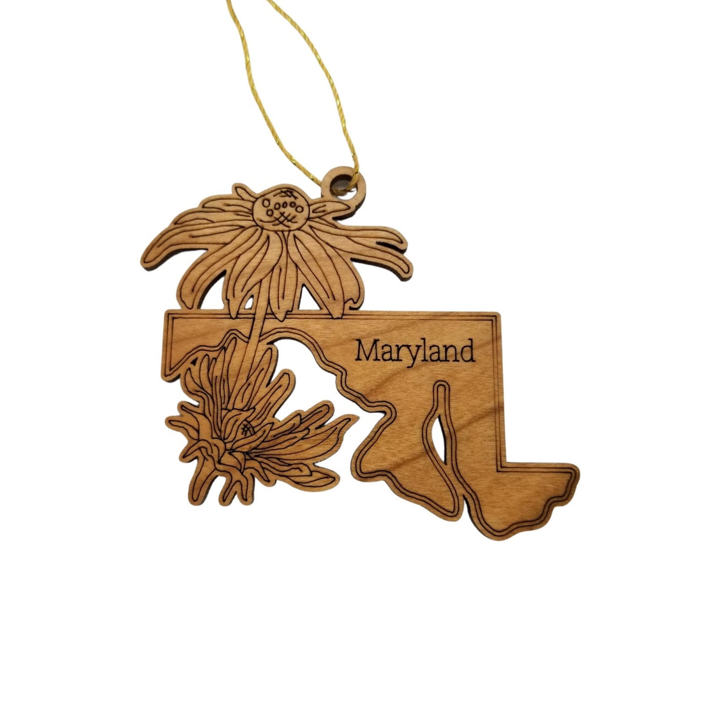 Maryland Wood Ornament -  MD State Shape with State Flowers Black Eyed Susan - Handmade Wood Ornament Made in USA Christmas Decor