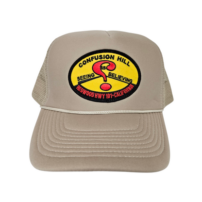 Confusion Hill Oval Patch Khaki Trucker Mesh Hat or Cap - H1073