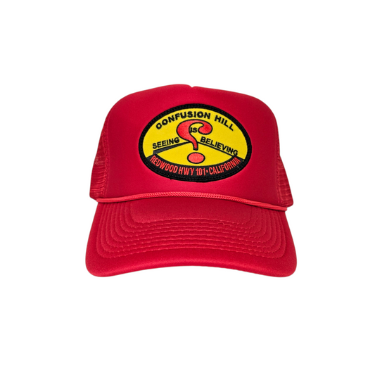 Confusion Hill Oval Patch Red Trucker Mesh Hat or Cap - H1074