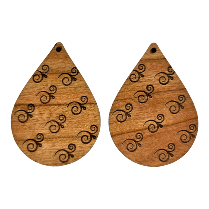 Wholesale Wood Earrings - Abstract Swirl Pattern Engraved Teardrop Wood Earrings - Dangle Earrings