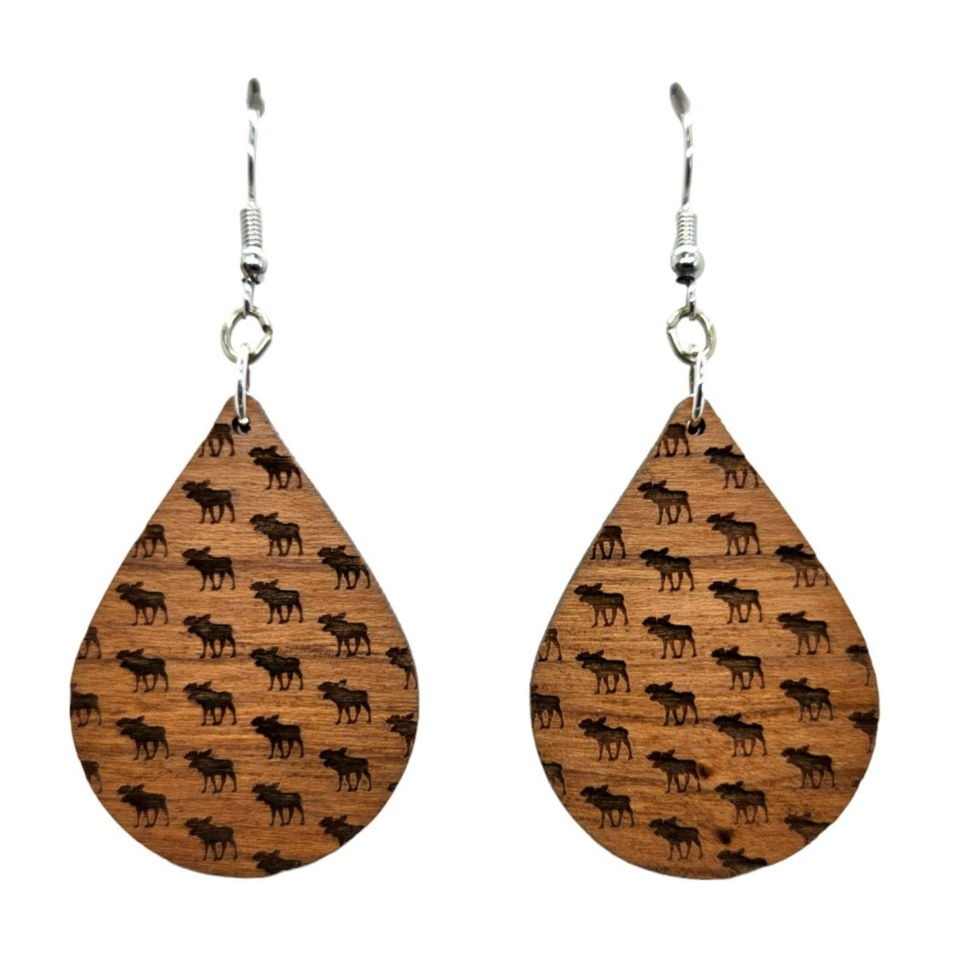 Wood Earrings - Moose Pattern Engraved Teardrop Wood Earrings - Dangle Earrings - Anniversary Gift Full Walking Moose