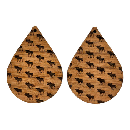 Wood Earrings - Moose Pattern Engraved Teardrop Wood Earrings - Dangle Earrings - Anniversary Gift Full Walking Moose