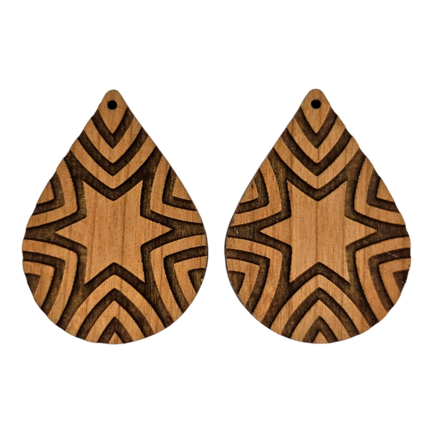 Wholesale Wood Earrings - Abstract Star Rays Pattern Engraved Teardrop Wood Earrings - Dangle Earrings