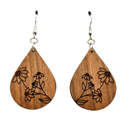 Wholesale Wood Earrings - Black Eyed Susan Floral Flower Engraved Teardrop Wood Earrings - Dangle Earrings