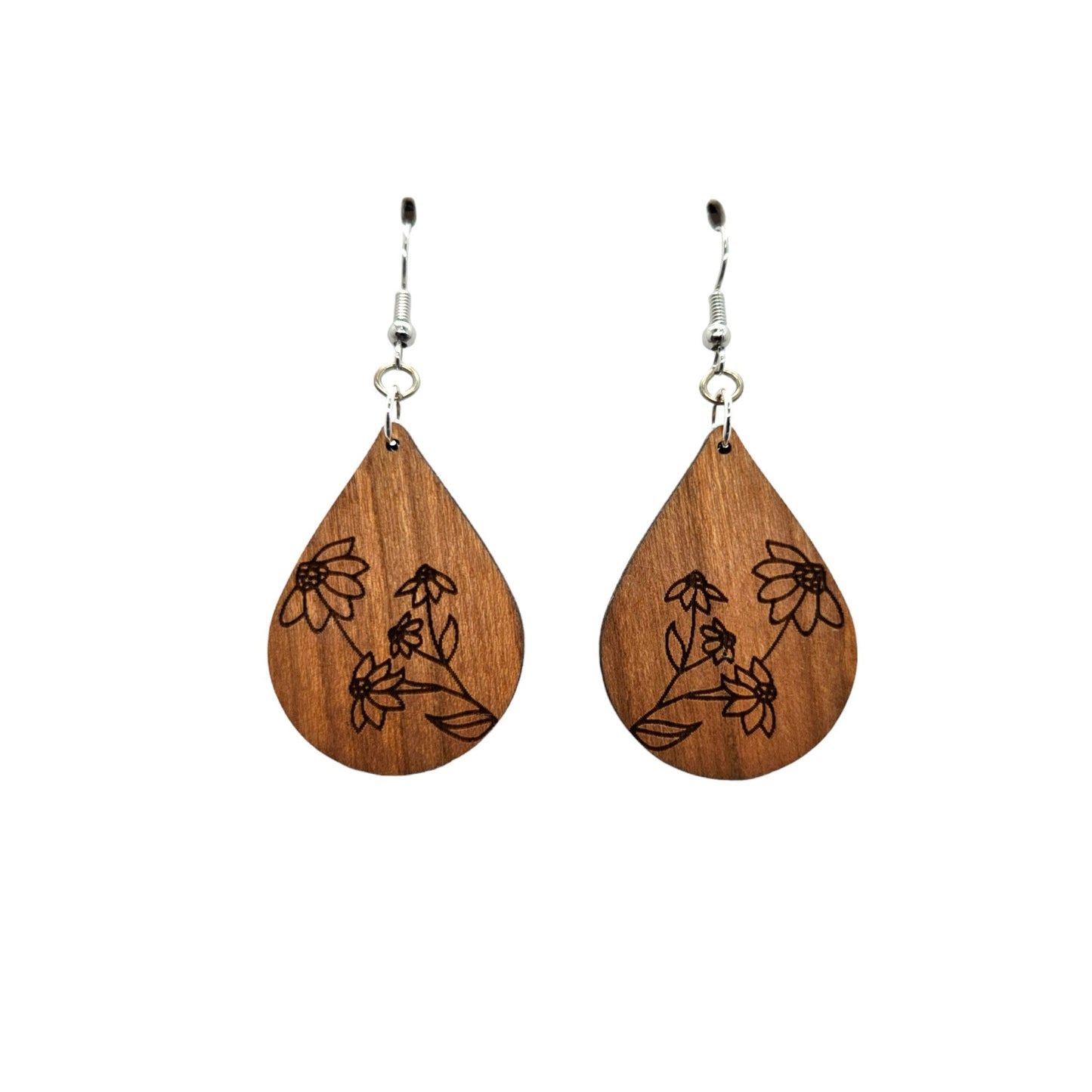 Wholesale Wood Earrings - Black Eyed Susan Floral Flower Engraved Teardrop Wood Earrings - Dangle Earrings