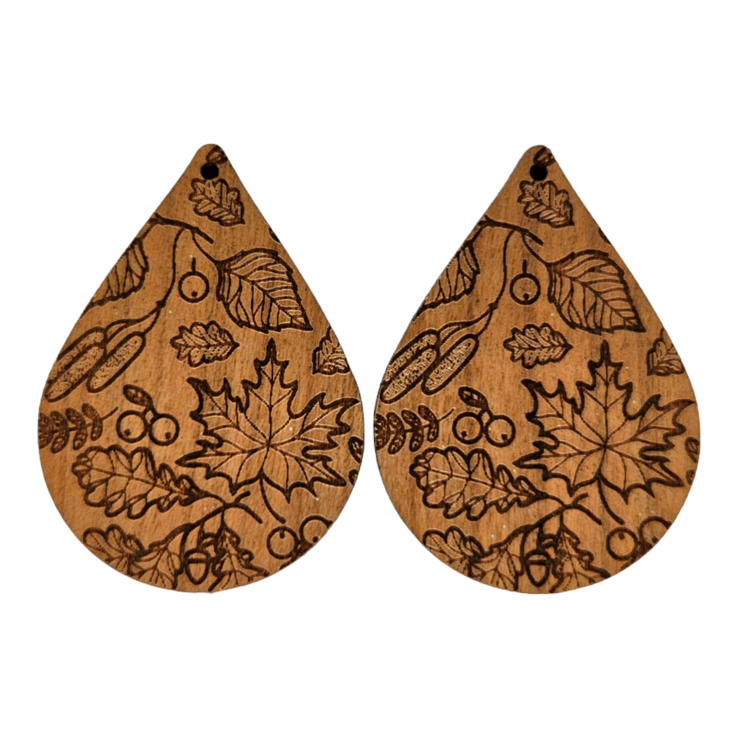 Wood Earrings - Fall Leaves Engraved Teardrop Wood Earrings - Dangle Earrings - Gift