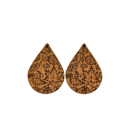 Wood Earrings - Fall Leaves Engraved Teardrop Wood Earrings - Dangle Earrings - Gift