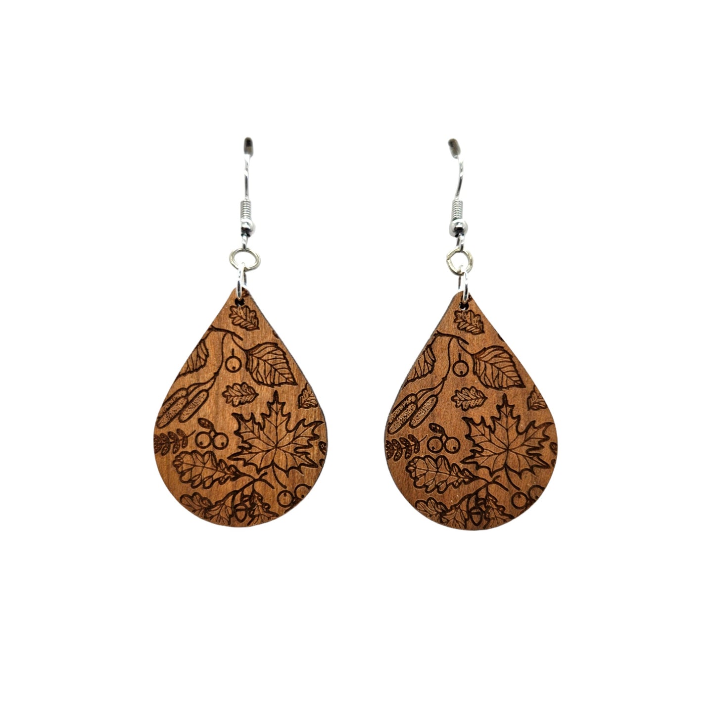 Wood Earrings - Fall Leaves Engraved Teardrop Wood Earrings - Dangle Earrings - Gift