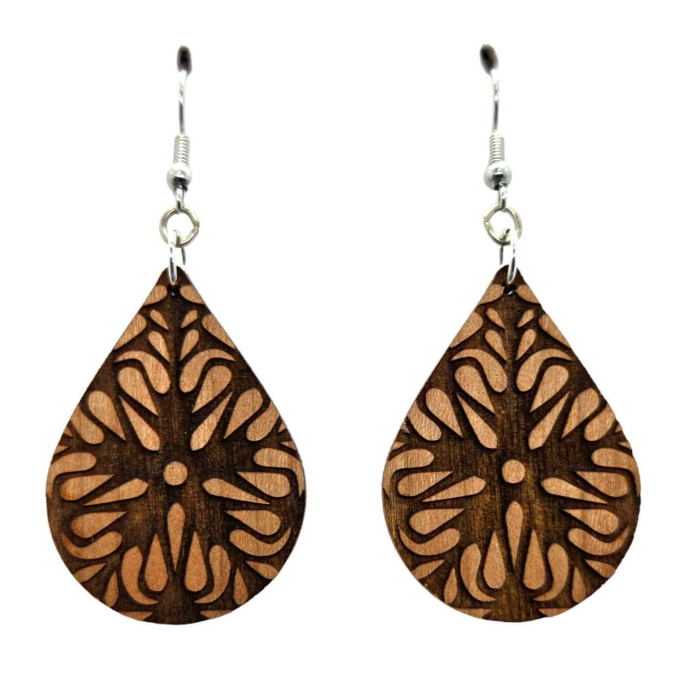 Wholesale Wood Earrings - Flower Floral Mandala Engraved Teardrop Wood Earrings - Dangle Earrings