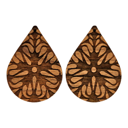 Wood Earrings - Flower Floral Mandala Engraved Teardrop Wood Earrings - Dangle Earrings - Gift