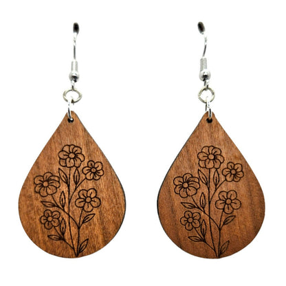 Wholesale Wood Earrings - Floral 5 Flowers Engraved Teardrop Wood Earrings - Dangle Earrings