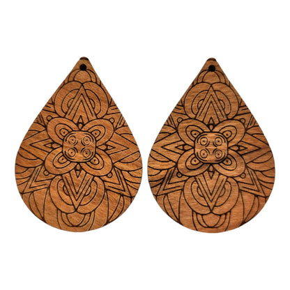 Wholesale Wood Earrings - Floral Mandala Engraved Teardrop Wood Earrings - Dangle Earrings - Mandala Floral Pattern