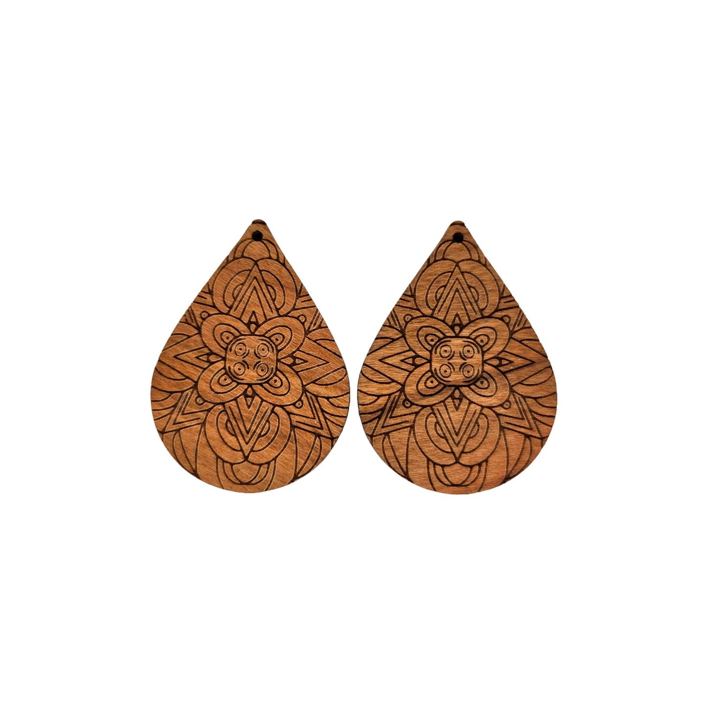 Wholesale Wood Earrings - Floral Mandala Engraved Teardrop Wood Earrings - Dangle Earrings - Mandala Floral Pattern