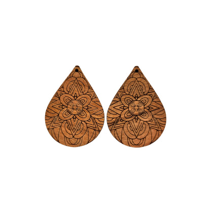 Wholesale Wood Earrings - Floral Mandala Engraved Teardrop Wood Earrings - Dangle Earrings - Mandala Floral Pattern