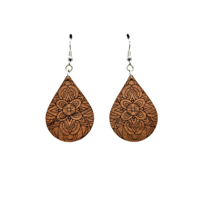 Wood Earrings - Floral Mandala Engraved Teardrop Wood Earrings - Dangle Earrings - Mandala Floral Pattern Gift