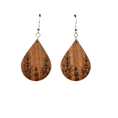 Wholesale Wood Earrings - Floral Leaf Engraved Teardrop Wood Earrings - Dangle Earrings