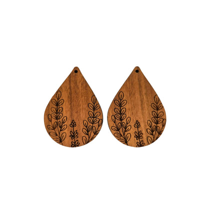 Wholesale Wood Earrings - Floral Leaf Engraved Teardrop Wood Earrings - Dangle Earrings