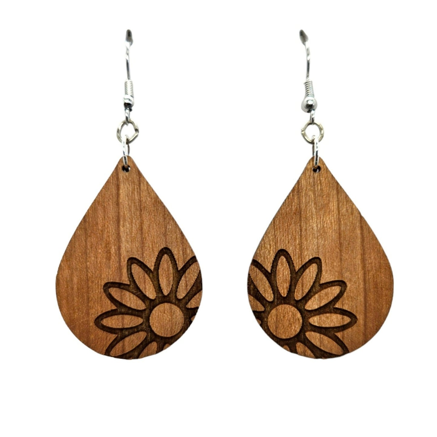 Wood Earrings - Floral Big Daisy Engraved Teardrop Wood Earrings - Dangle Earrings - Gift - Drop Earrings