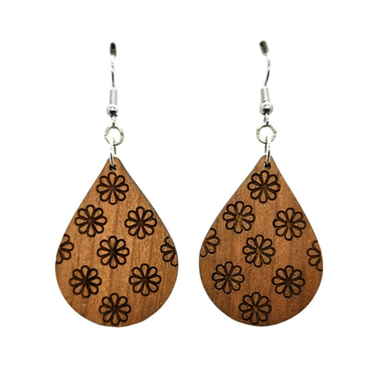 Wood Earrings - Floral All Over Print Pattern Engraved Teardrop Wood Earrings - Dangle Earrings - Gift - Drop Earrings Lightweight