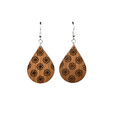 Wood Earrings - Floral All Over Print Pattern Engraved Teardrop Wood Earrings - Dangle Earrings - Gift - Drop Earrings Lightweight