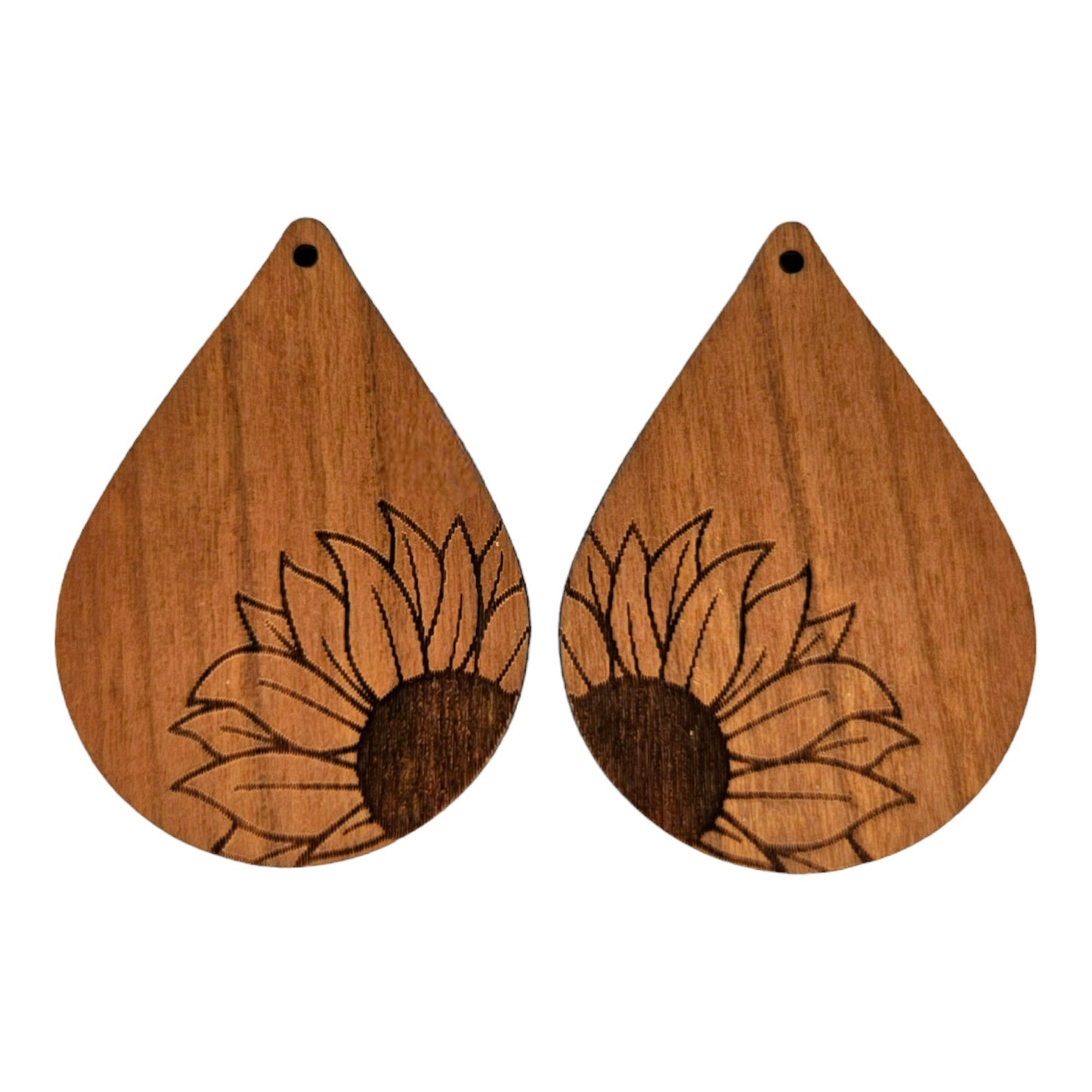 Wholesale Wood Earrings - Sunflower Flower Floral Engraved Teardrop Wood Earrings - Dangle Earrings