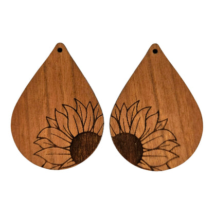 Wholesale Wood Earrings - Sunflower Flower Floral Engraved Teardrop Wood Earrings - Dangle Earrings