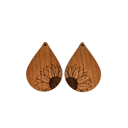 Wholesale Wood Earrings - Sunflower Flower Floral Engraved Teardrop Wood Earrings - Dangle Earrings