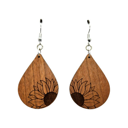 Wholesale Wood Earrings - Sunflower Flower Floral Engraved Teardrop Wood Earrings - Dangle Earrings