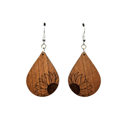 Wholesale Wood Earrings - Sunflower Flower Floral Engraved Teardrop Wood Earrings - Dangle Earrings