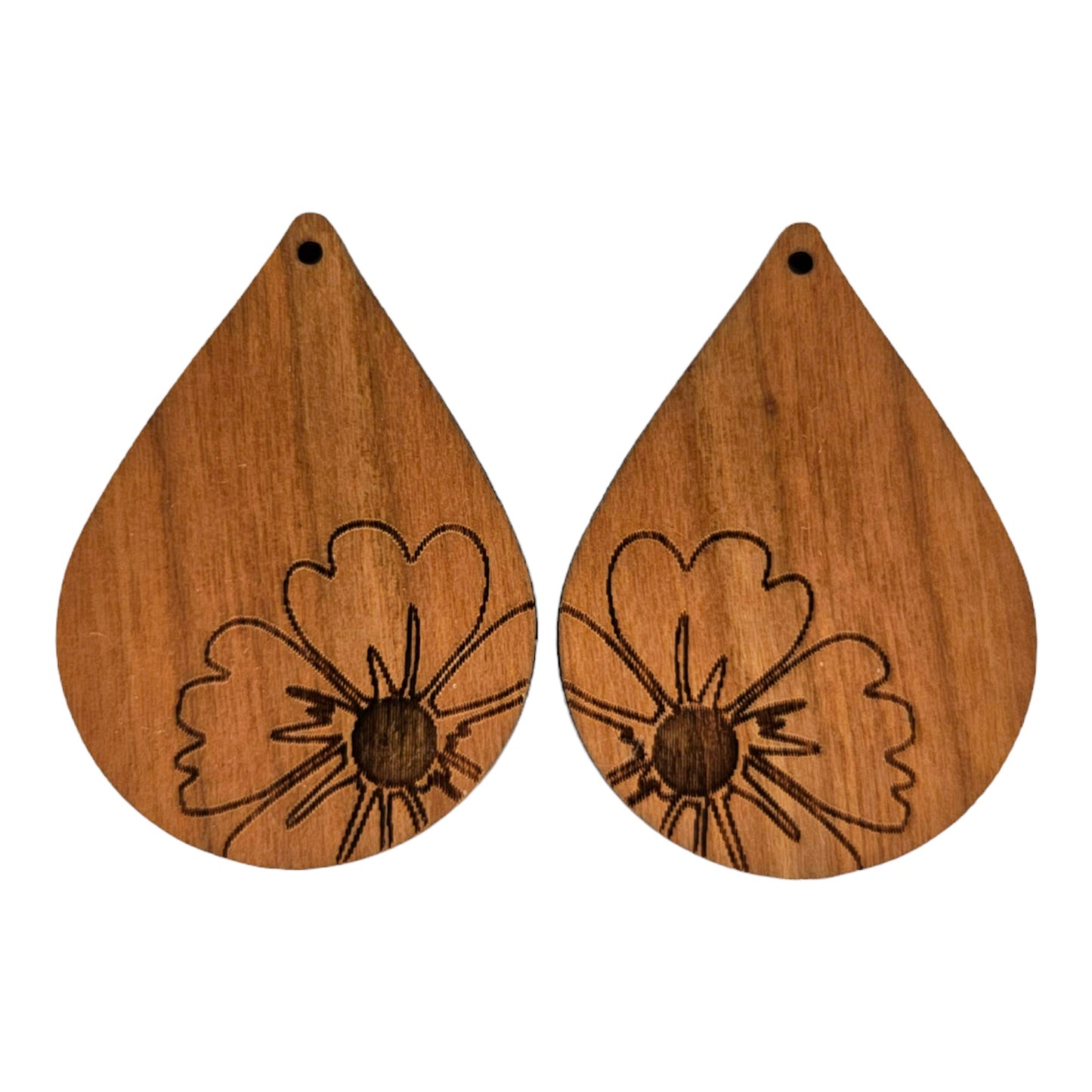 Wood Earrings - Flower Floral Engraved Teardrop Wood Earrings - Dangle Earrings - Gift - Drop Earrings Lightweight