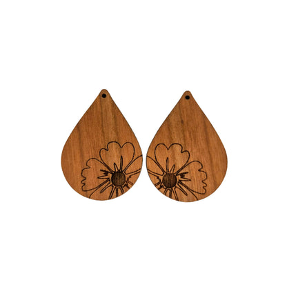 Wood Earrings - Flower Floral Engraved Teardrop Wood Earrings - Dangle Earrings - Gift - Drop Earrings Lightweight