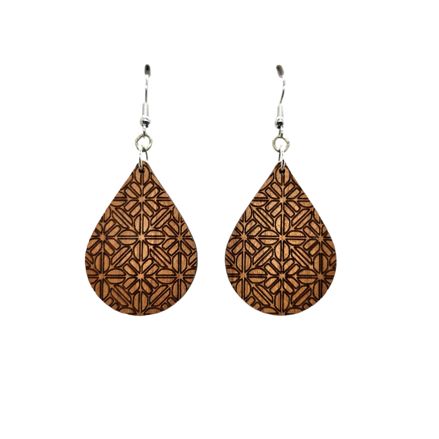 Wholesale Wood Earrings - Abstract Flower Floral Pattern Engraved Teardrop Wood Earrings - Dangle Earrings