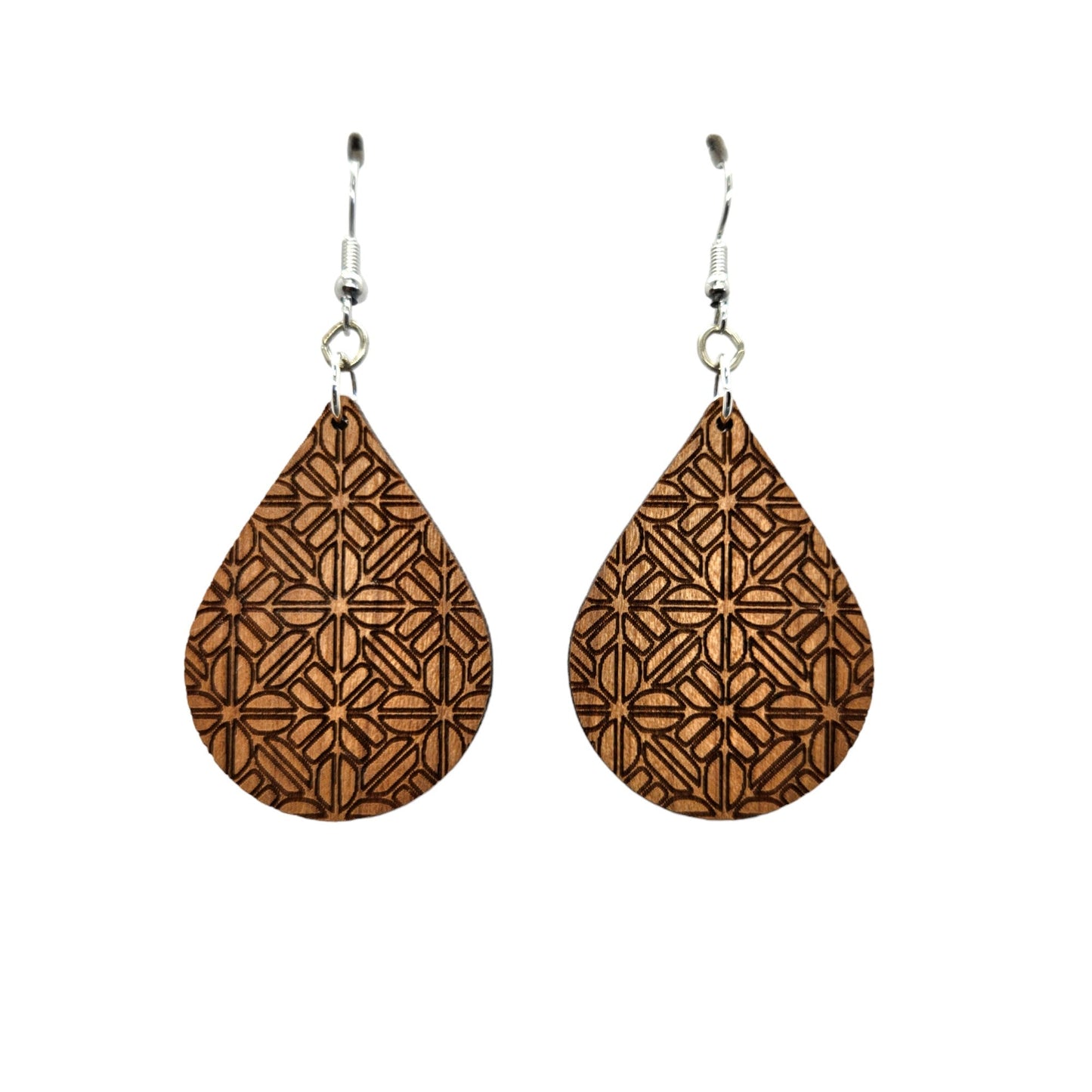 Wholesale Wood Earrings - Abstract Flower Floral Pattern Engraved Teardrop Wood Earrings - Dangle Earrings