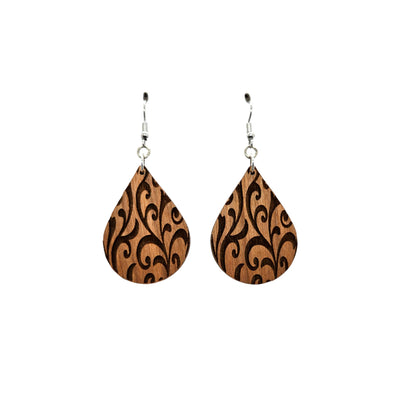 Wood Earrings - Abstract Flower Floral Leaves Pattern Engraved Teardrop Wood Earrings - Dangle Earrings - Gift - Drop Earrings Lightweight