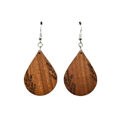 Wholesale Wood Earrings - Abstract Floral Leaves Stems Pattern Engraved Teardrop Wood Earrings - Dangle Earrings