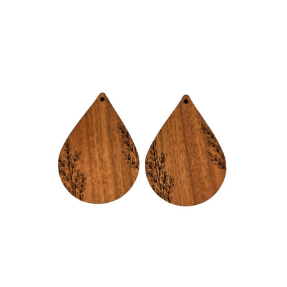 Wood Earrings - Abstract Floral Leaves Stems Pattern Engraved Teardrop Wood Earrings - Dangle Earrings - Gift - Drop Earrings Lightweight