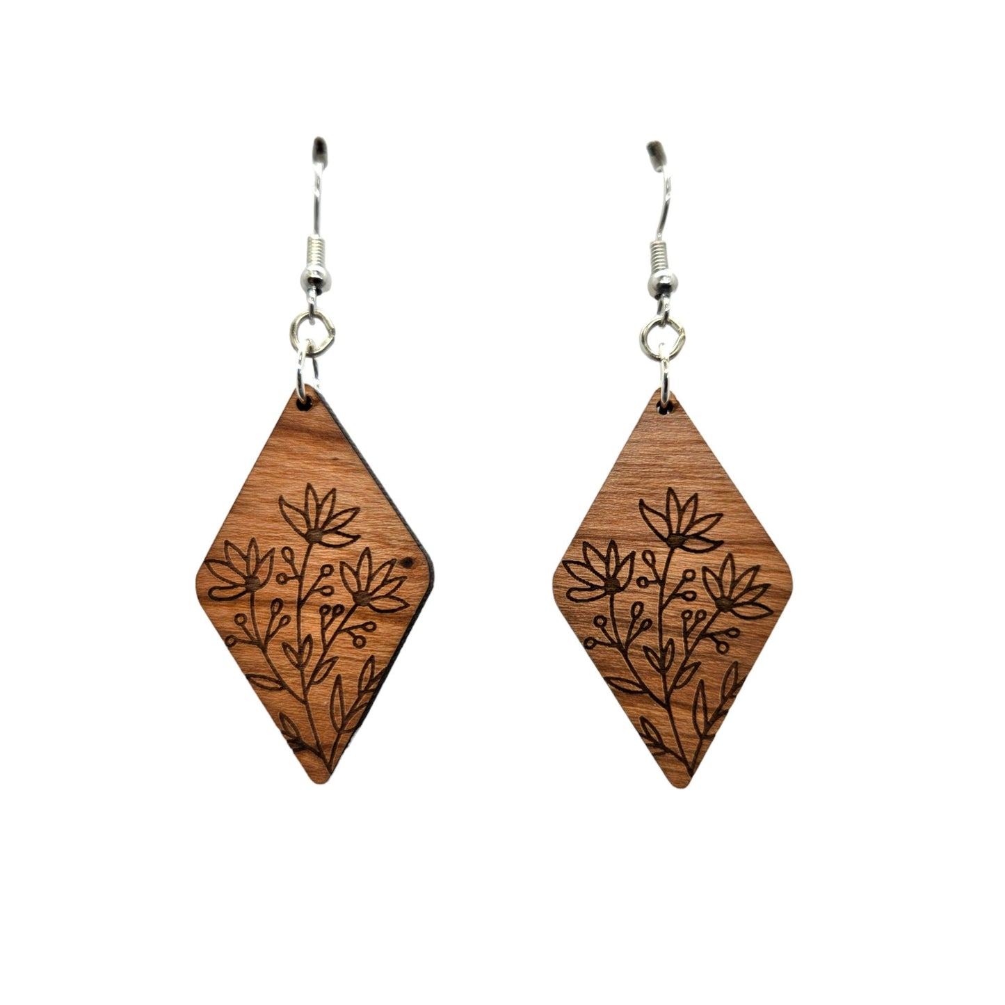 Wholesale Wood Earrings - Floral Diamond Shape Engraved Wood Drop Earrings - Dangle Earrings