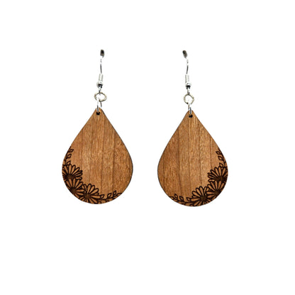 Wholesale Wood Earrings - Daisies on the Edge Engraved Teardrop Lightweight Earrings - Dangle Earrings