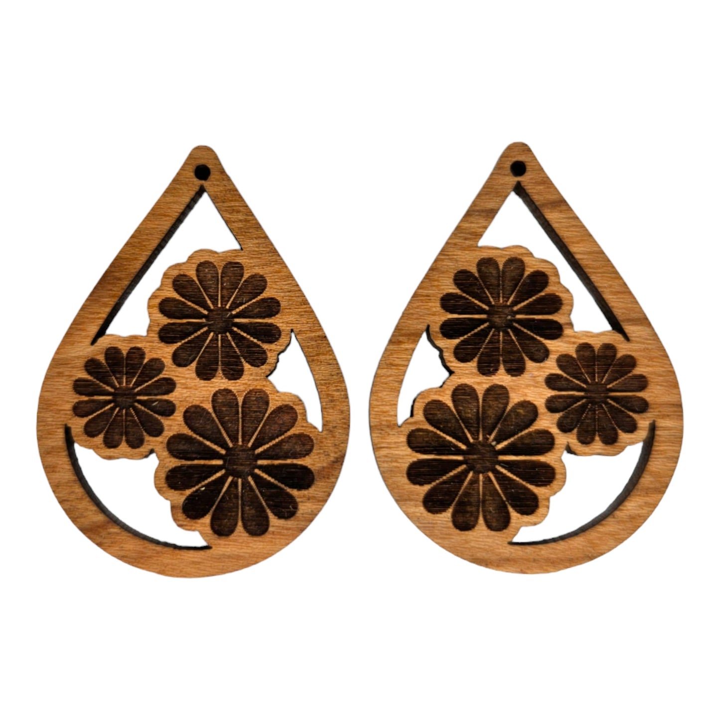 Wood Earrings - Cutout Teardrop Floral Engraved Lightweight Earrings - Dangle Earrings Drop Earrings - Gift Flower Trio