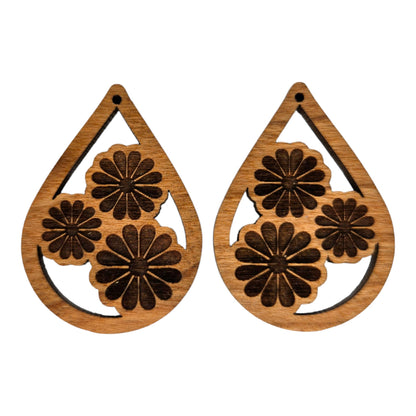 Wood Earrings - Cutout Teardrop Floral Engraved Lightweight Earrings - Dangle Earrings Drop Earrings - Gift Flower Trio